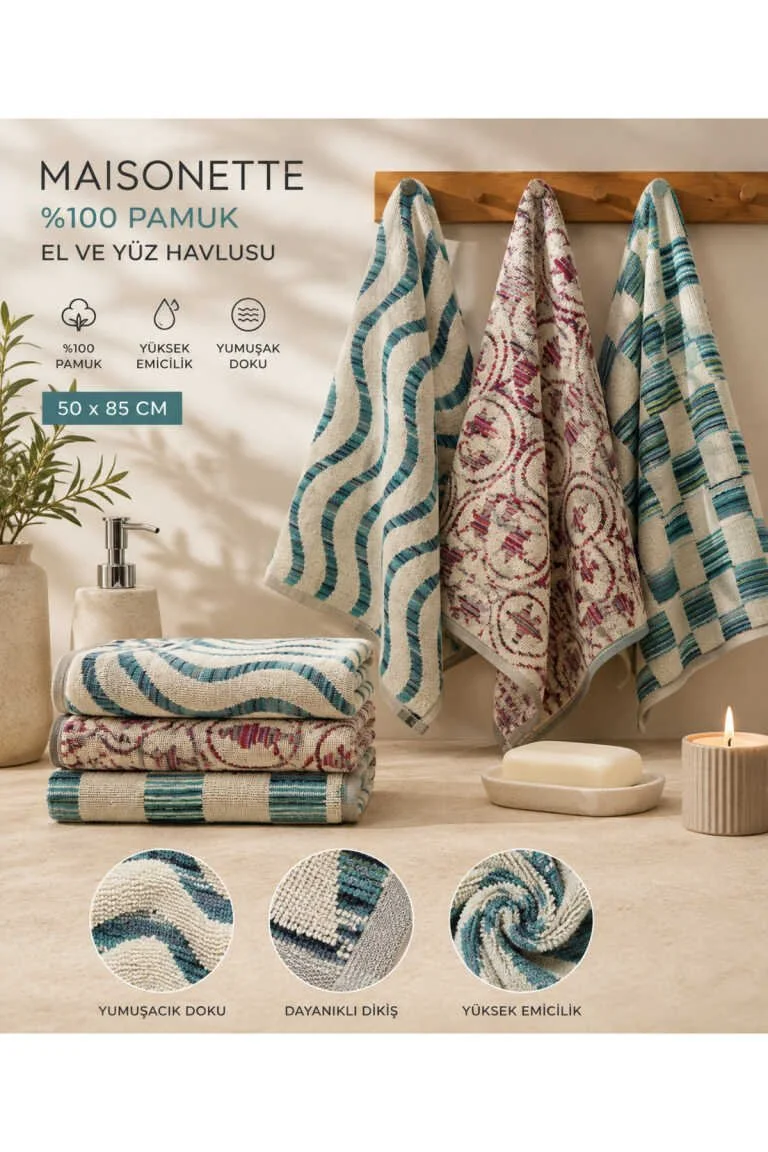 %100 Pamuk Etnik Desenli 3'lü El & Yüz Havlusu 50x85 cm | Yumuşak Dokulu, Yüksek Emicilik