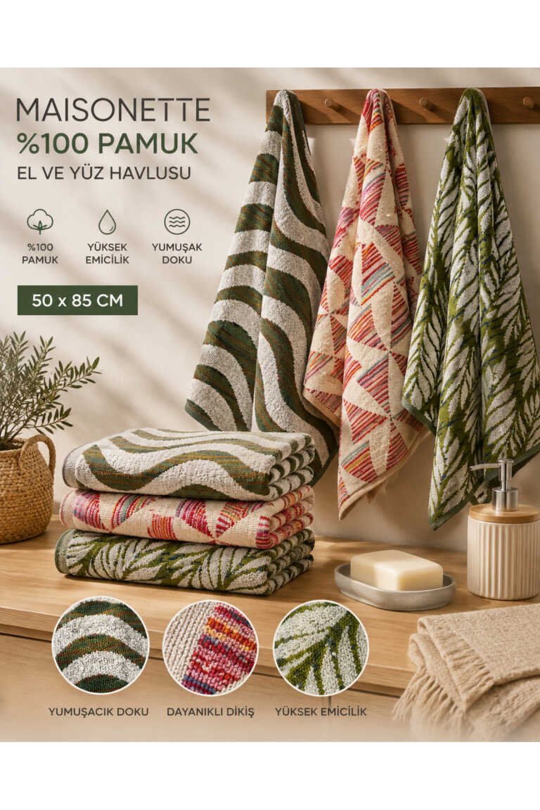 %100 Pamuk Etnik Desenli 3'lü El & Yüz Havlusu 50x85 cm | Yumuşak Dokulu, Yüksek Emicilik - 5