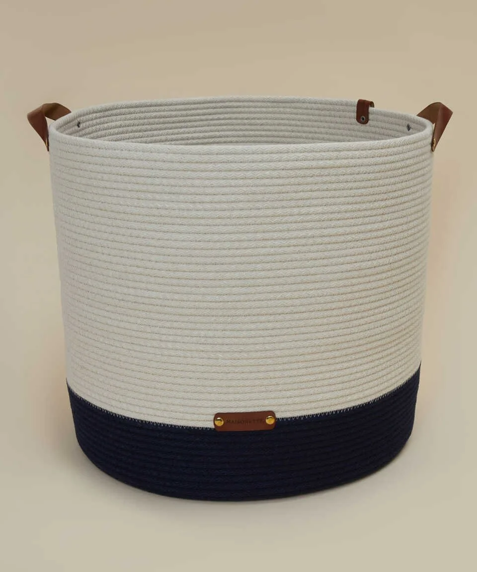DERİ SAPLI SEPET 40X36 cm LACİVERT-KREM